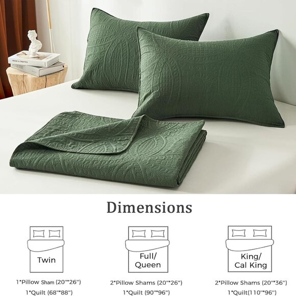 NEW! 3 Piece Queen Quilt Bedding Set,Olive Green Ultrasonic Full/Queen Quilt Set - Picture 5 of 7